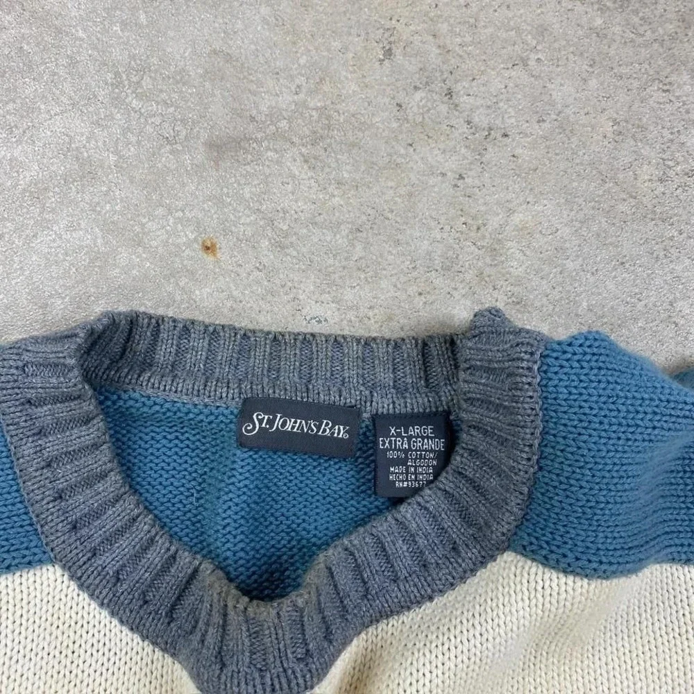 Vintage 90s St Johns Bay Sweater Size XL Blue Gray Striped Knit Pullover Boho